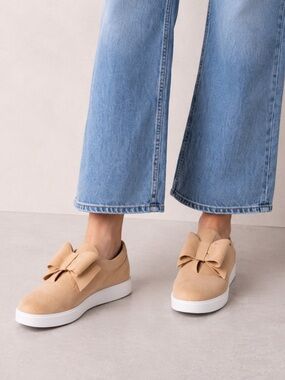 Tan bow suede slip on flat sneakers beige casual everyday